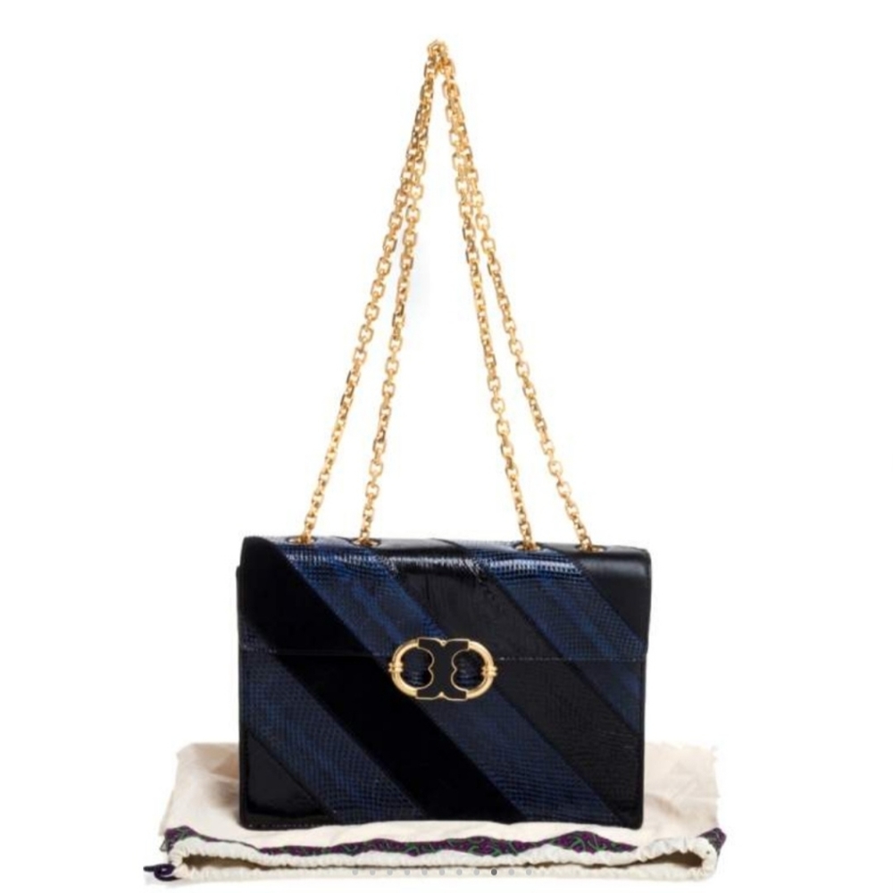 Tory Burch Snakeskin Embossed Leather/ Suede Medium Gemini shoulder bag